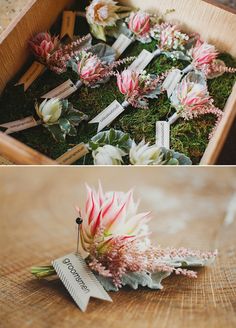 flowers in a wooden box with labels on them and an image of the same flower arrangement