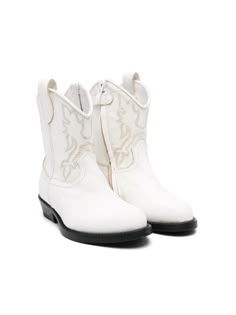 ivory white calf leather Western-style stitched yoke side zip fastening pointed toe stacked heel White Lucchese Boots, White Baby Boots, Cowgirl Boots Kids, Baby Cowgirl Boots, Kids Cowhide Boots, Fitted White Western Mid-calf Boots, Leather Western Boots, Burberry Kids, Baby Boy Accessories