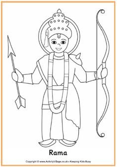 the rama coloring page with an image of rama holding a bow and arrow, in black and