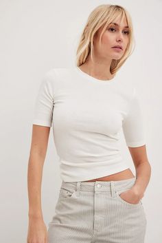 Round Neck Ribbed Top Offwhite | NA-KD Ribbed Top, 2024 Fashion, Na Kd, Shirts & Tops, Stretchy Material, Round Neck, Short Sleeves, Slim Fit, Off White