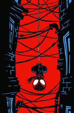 a spider - man hanging from a wire in the middle of a dark city with red walls