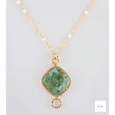 This Green Chrysoprase and Cubic Zirconia Necklace from Miel Jewelry Shop is a truly beautiful piece of jewelry. The pillow-shaped vermeil bezel is set with stunning green chrysoprase and cubic zirconia stones and is complemented by twisted gold-plated jumps. The 14K gold-filled long and short link chain adds a luxurious touch. This necklace is a unique and eye-catching piece that will add a touch of elegance to any look. Natural variations in the stones mean your purchased item may not be exact Gold Chrysoprase Necklaces As A Gift, Luxury Gold Chrysoprase Necklace, Nature-inspired Chrysoprase Necklaces As Gift, Green Chrysoprase Necklaces, Nature-inspired Chrysoprase Necklaces, Elegant Statement Necklace, Chrysoprase Necklace, Elegant Pillow, Cubic Zirconia Necklace