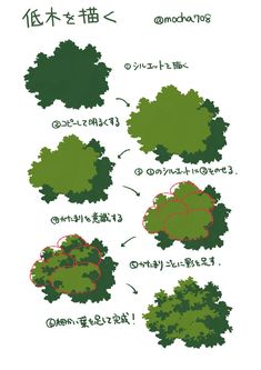 an image of some trees and bushes in different directions on the screen, with japanese characters above them