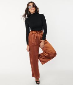 Rust Orange Satin Paperbag Pants Camel Trousers Outfit, Terracotta Pants, Oregon Outfits, Earthy Fits, Burnt Orange Pants, Rust Blouse, Pants Unique, 2022 Outfits, Trouser Outfit