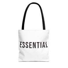 Essential totebag with tasteful text and sleek design. Perfect for everyday use, this tote bag is durable and functional. Its stylish design adds a touch of sophistication to any outfit. Ideal for those who appreciate practicality and style. Product features - 100% Polyester body for strength and durability - Seamless thread color for a polished finish - Reinforced stitching on handles for extra strength - Boxed corners for added room - Available in 5 handle colors and 3 sizes for customization Care instructions - Remove all items from the bag before cleaning. Suggested to pretreat visible stains with stain remover. Mix warm water with laundry detergent and clean the bag with terry washcloth or a soft bristle brush. Let the bag air dry. Modern Rectangular Canvas Shopping Bag, Functional Everyday Tote Bag, Functional Everyday Tote Shoulder Bag, Functional Everyday Canvas Tote Bag, Modern Everyday Canvas Shoulder Bag, Minimalist Rectangular Bags For Everyday Use, Functional Tote Bag For Shopping, Functional Shopping Tote Bag, Modern Rectangular Bag With Letter Print