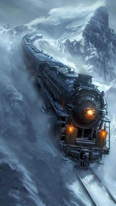 a train traveling through the snow covered mountains