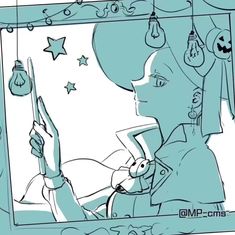 a drawing of a woman looking at herself in the mirror with ornaments hanging from her head