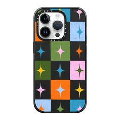 an iphone case with colorful stars on black and white background, showing the back cover