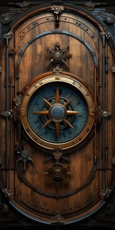 a large wooden door with a compass on it's face and metal trimmings