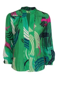 Current Boutique-The Odells - Kelly Green Peasant Blouse w/ Paint Stroke Print Sz XS Green Printed Spring Tops, Fitted Green Blouse With Graphic Print, Green V-neck Top With Vibrant Print, Chic Green Blouse For Spring, Chic Green Spring Blouse, Spring Green Blouse, Chic Green Tops With Abstract Print, Spring Green Long Sleeve Blouse, Casual Green Printed Blouse