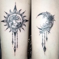 two sun and moon tattoos on legs with the same tattoo design as each other,