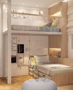 a bedroom with two beds and a loft bed in the middle is lit by recessed lights