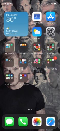 an iphone screen with many different icons and people in the background, including one man's face