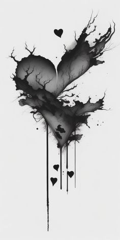 a black and white painting with hearts on the bottom, dripping from it's side