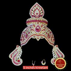 Design by Classical Dance Jewelry® ❥ Product Details: Designer white and pink stones decorated Goddess Varalakshmi ganesha kireetam crown ❥ Material is Brass alloys ❥ Color: Gold, white stone ❥ Beautiful Goddess Lakshmi face set used for varalakshmi Vratham ❥ Beautifully embossed mask used for pooja during Varalakshmi Vratham ❥ Beautifully decorated mask used for pooja during Varalakshmi Vratham ❥ Completely Decorated with High Quality Stones and pearls 🎈We will send item that are in stock clos Face Jewellery, Dance Jewelry, Goddess Lakshmi, Beautiful Goddess, Black Stains, Festival Wedding, White Stone, Black Spot, Pink Stone