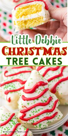 a christmas tree cake with white frosting and red sprinkles