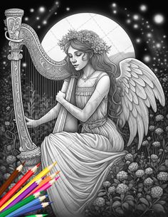 an angel playing the harp with colored pencils