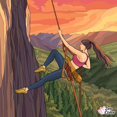 a woman climbing up the side of a mountain with her hands in the air while holding onto a rope