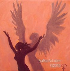 the silhouette of a woman with angel wings on her body and arms in the air