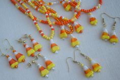 Halloween Candy Corn Jewelry Necklaces and Earrings Sets or - Etsy Candy Corn Necklace, Candy Corn Earrings Diy, Fall Jewelry Diy, Halloween Jewelry Diy Ideas, Candy Corn Jewelry, Corn Jewelry, Halloween Jewlery, Halloween Jewelry Diy, Halloween Beaded Jewelry