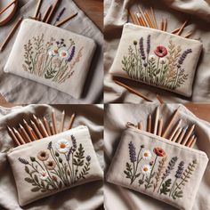 four different pictures of flowers and needles on a table