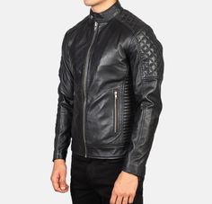 This quilted leather jacket has a unique style with a sleek fitted silhouette, blending classic, timeless fashion with a modern touch. Made of premium black leather, this jacket has an elegant, polished look and fulfills the perfect biker jacket requirement. It has a quilted viscose lining inside, which ensures durability and comfort. This genuine leather biker jacket has a front zipper closure and band collar with a snap button, giving a sleek, edgy look conforming to the leather biker style. I Black Biker Jacket With Padded Collar, Black Quilted Biker Outerwear, Quilted Leather Biker Jacket, Black Quilted Biker Leather Jacket, Black Leather Biker Jacket With Padded Collar, Luxury Fitted Quilted Leather Jacket, Luxury Quilted Fitted Leather Jacket, Fitted Black Biker Jacket With Padded Collar, Fitted Leather Biker Jacket With Quilted Details