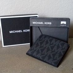 Michael Kors Mk Monogram Jet Set Mens Billfold Wallet. Michael Kors 100% Authentic Style: Bifold Wallet Style Name: Jet Set Color: Black Pattern: Mk Monogram Pvc Coated Canvas Exterior Tanned Leather Interior 8 Credit Card Slots, And A Larger Slip On Each Side. Two Full Length Bill Compartments Along The Upper Edge. Embossed Logo On The Inner Right Side And Arrives Boxed As Shown. Measures Approximately: 4.25" (L) X 3 5/8" (H) X 1" (W) And Has An Msrp Of $108.00 Mk Monogram, Mk Wallet, Leather Billfold, Billfold Wallet, Card Case Wallet, Rfid Wallet, Leather Card Case, Silver Logo, Bifold Wallet