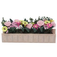 pink and yellow flowers in a wooden planter