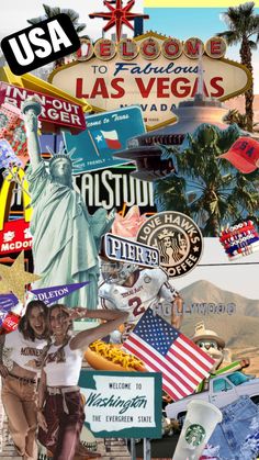 the collage is made up of many different pictures and words, including an image of the statue of liberty