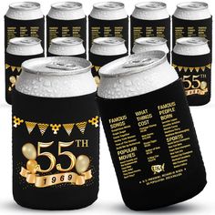 a set of five black and gold 50th birthday can coolers