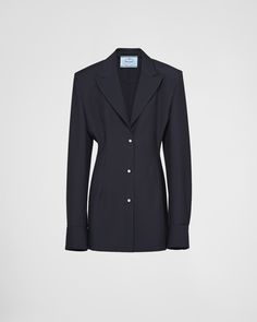 Navy Single-breasted mohair jacket | PRADA Mohair Jacket, Hybrid Design, Extra Long Sleeves, Single Breasted Jacket, Fabric Belt, Airport Style, Jacket Women, Wool Jacket, Single Breasted