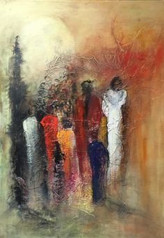 an abstract painting with people standing in the background