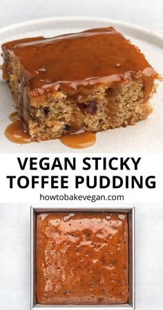 vegan sticky toffe pudding on a plate with caramel sauce