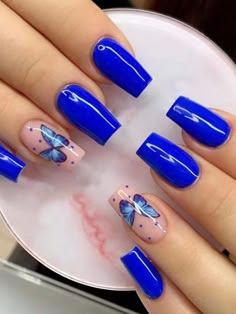 Multicolor  Collar    Color Nails Embellished   Nail,Hand & Foot Care Butterfly Nail Designs, Gel Nail Art Designs, Fancy Nails Designs, Cute Acrylic Nail Designs, Her Nails, Pretty Nail Art Designs, Blue Nail Designs, Blue Nail, Fake Nail