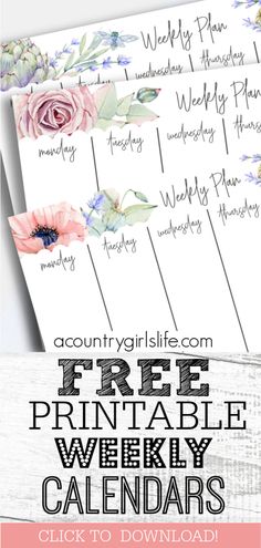 the free printable weekly calendar is shown with pink flowers and blue leaves on it