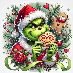 the grinch is holding a cookie in his hand and wearing a santa claus hat