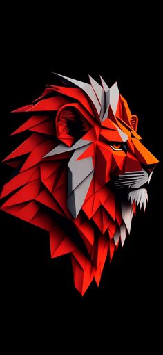 the head of a lion made out of red and grey paper on a black background