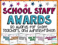 the school staff awards poster for teachers and annnistations on orange bulletin board