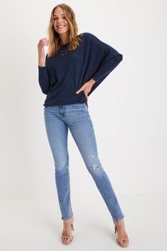 Hit up your fave cafe in the Lulus Basics Verla Navy Blue Dolman Sleeve Sweater Top! This essential, everyday top will be your new go-to thanks to its soft, lightweight knit construction, and its cozy-yet-chic slouchy fit. Long, dolman sleeves and a rounded neck finish off the laid-back look. Pair with jeans and some cute booties! Fit: This garment fits true to size. Length: Size medium measures 27.75" from shoulder to hem. Bust: Great for any cup size. Waist: Not Fitted - comfortable room throu Dolman Sleeve Top, Dolman Sweater, Dolman Sleeve Sweater, Lulu Fashion, Dolman Sleeve Tops, Comfortable Room, Sheer Top, Cup Size, Lightweight Knit