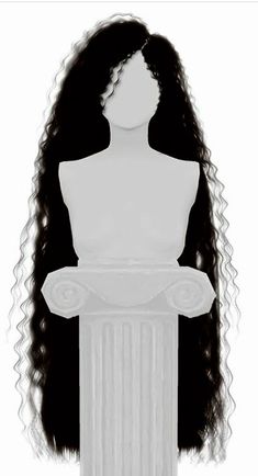 a white mannequin with long black hair on it's head and in front of a white background