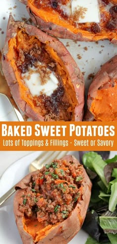 baked sweet potatoes with toppings on top and the words baked sweet potatoes above them