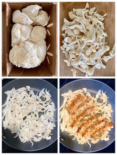 four different types of food being cooked in pans and placed on top of each other