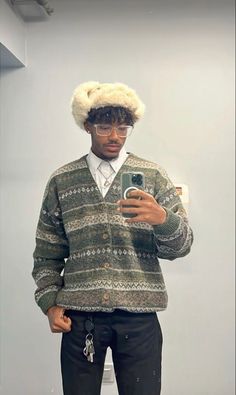 Vintage Fit Inspo Men, Editorial Winter Fashion, Artsy Men Aesthetic, Modern Vintage Aesthetic Fashion, Black Man Outfits Street Style Winter, Soft Boy Outfits Black Men, Black Earthy Men, Tyler The Creator Ushanka, 40 Year Old Womens Fashion Black Women