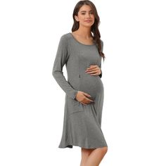 A flutter long-sleeved maternity dress is casual and versatile enough to snap a pic and then wear to your brunch with friends. Stretchy fabric provides a flexible fit for pregnant and postpartum women. A long-sleeved maternity dress features a round neck and slant pockets design, so you can even wear it postpartum. It is 3 in 1 maternity/delivery/nursing pajamas. The draped cut and unique and daily casual wear design, combined with a variety of color options, create a playful casual yet stylish Fall Maternity Dress With Long Sleeves, Fall Maternity Bump Friendly Dresses, Fall Maternity Dresses Bump Friendly, Maternity Fall Dresses, Bump Friendly, Fall Long Sleeve Maternity Dress, Maternity Wear Bump Friendly Dress For Fall, Long Sleeve Maternity Dress For Fall, Fall Maternity Long Sleeve Dresses, Fall Maternity Wear Dress