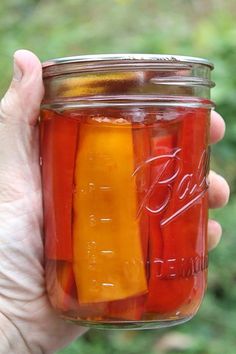 a person holding a mason jar filled with pickles and orange peels in it