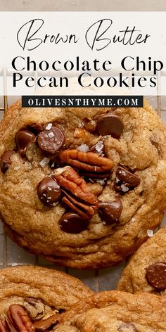 chocolate chip pecan cookies on a cooling rack with text overlay that reads, brown butter chocolate chip pecan cookies