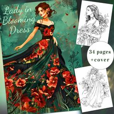 the lady in blooming dress coloring book is open and has three pages to color