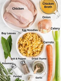 the ingredients to make chicken broth are shown in bowls