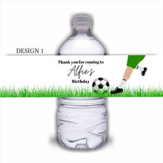 a water bottle label with a soccer player kicking a ball on it and the words, thank you for coming to after birthday