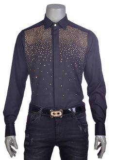 Limited edition- One of a kind Black and Silver rhinestone combination Eye-catching rhinestone details Block rhinestone on front panel and shoulder French placket Point collar Custom square buttons Long sleeves with mitered Back yoke Curved hem Cotton/Lycra Dry clean only Black Embellished Shirt For Party, Elegant Black Embellished Shirt, Elegant Party Shirt With Rhinestones, Elegant Long Sleeve Shirt With Rhinestones, Embellished Long Sleeve Shirt For Formal Occasions, Designer Black Embellished Tops, Embellished Fitted Formal Shirt, Formal Fitted Embellished Shirt, Formal Fitted Rhinestone Tops